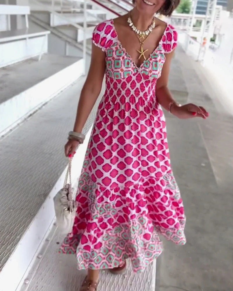 Robe à volants d'été pour femmes avec un haut smocké, décolleté en V et manches bouffantes R&B