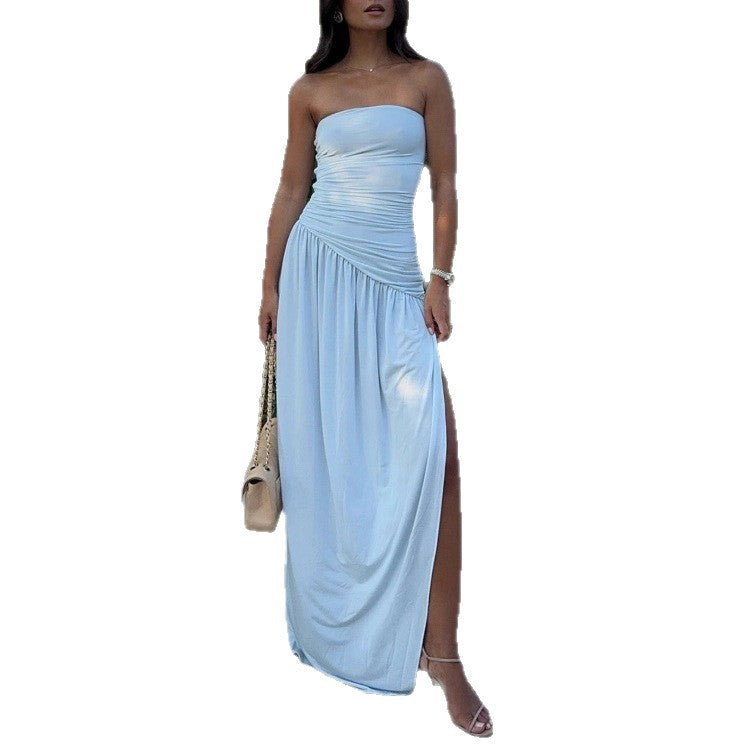 Robe maxi drapée sans épaules pour femmes avec un effet corset cintré et une fente latérale haute R&B