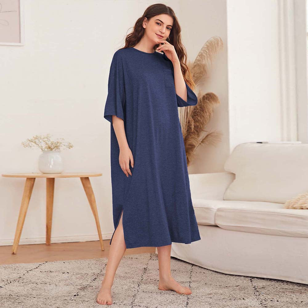 Chemise de nuit oversize décontractée pour femmes avec poche poitrine et fentes latérales