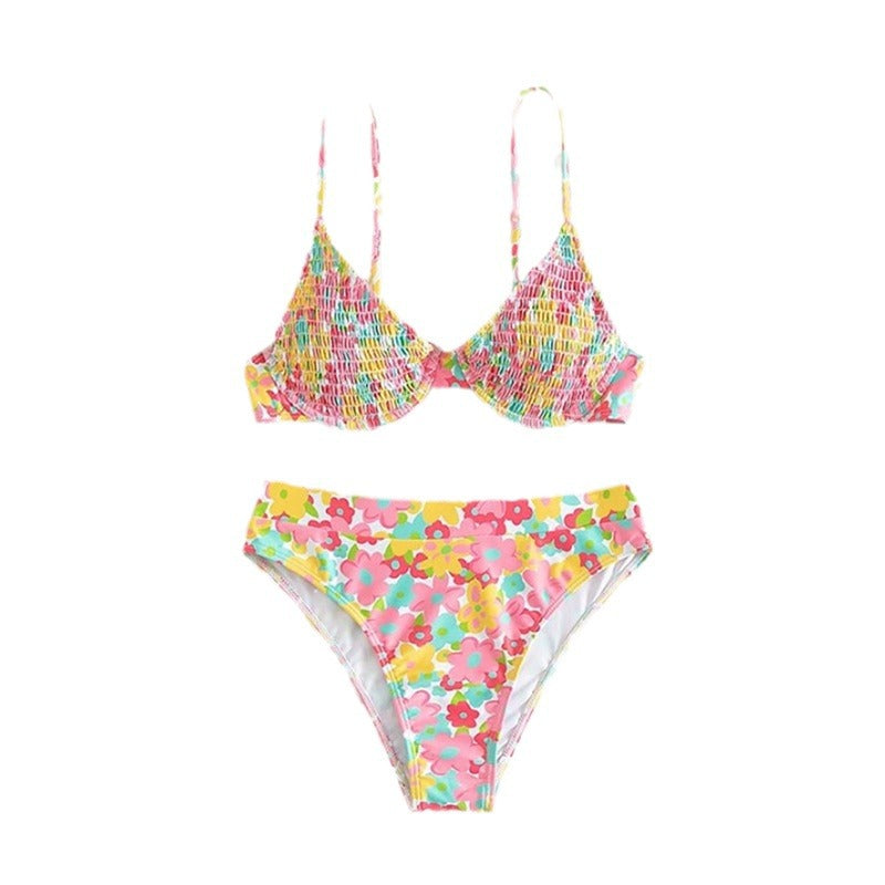 Bikini femme à taille haute avec motif floral et fines bretelles R&B
