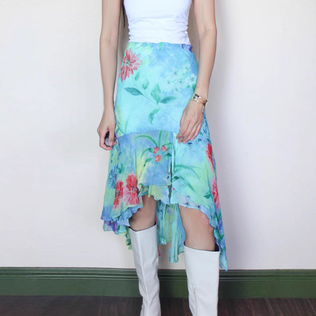 Jupe portefeuille pour femmes avec design floral et finition en volants volumineux - Heidi Mode