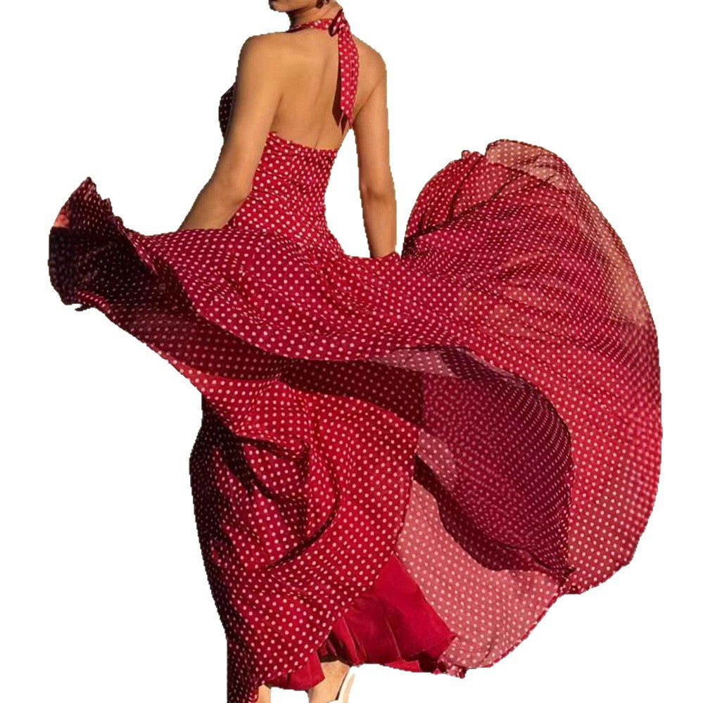Robe longue à dos nu pour femmes avec décolleté en V profond, couture empire cintrée et jupe évasée à volants R&B