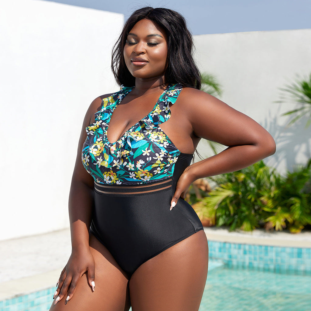 Maillot de bain taille haute pour femmes avec détails en volants et haut floral R&B