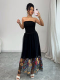 Robe midi sans bretelles pour femmes avec corsage froncé et jupe en tulle brodé R&B