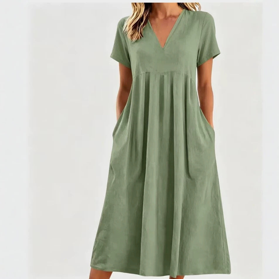 Robe midi à décolleté en V pour femmes avec poches et couture empire froncée R&B