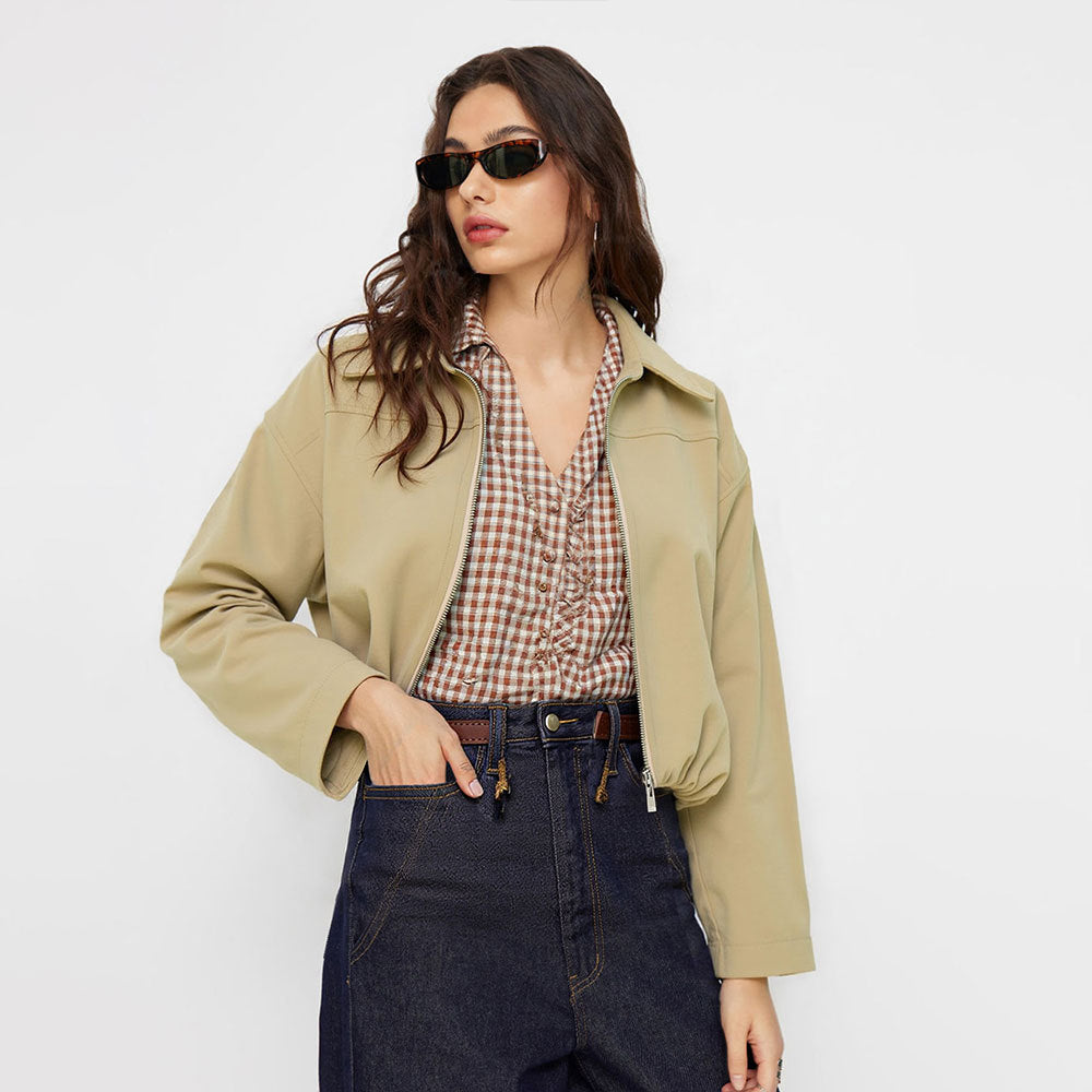 Veste bomber courte oversize pour femmes avec fermeture éclair, col léger et ourlet élastique