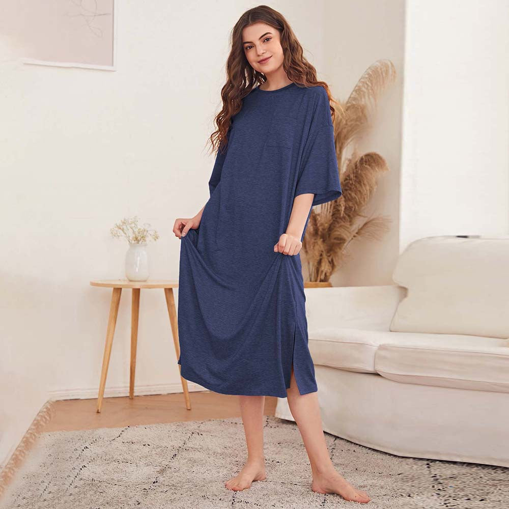 Chemise de nuit oversize décontractée pour femmes avec poche poitrine et fentes latérales