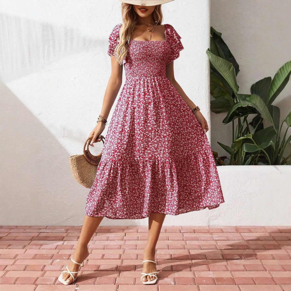 Robe Maxi Off-Shoulder pour Femmes avec Motifs Floraux et Haut Élastique R&B