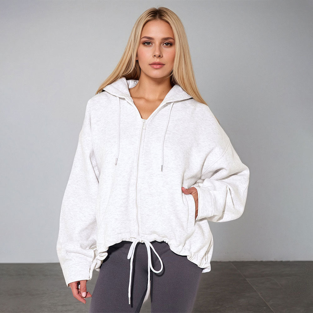 Veste à capuche oversize pour femmes avec fermeture éclair, ourlet à cordon et poches kangourou