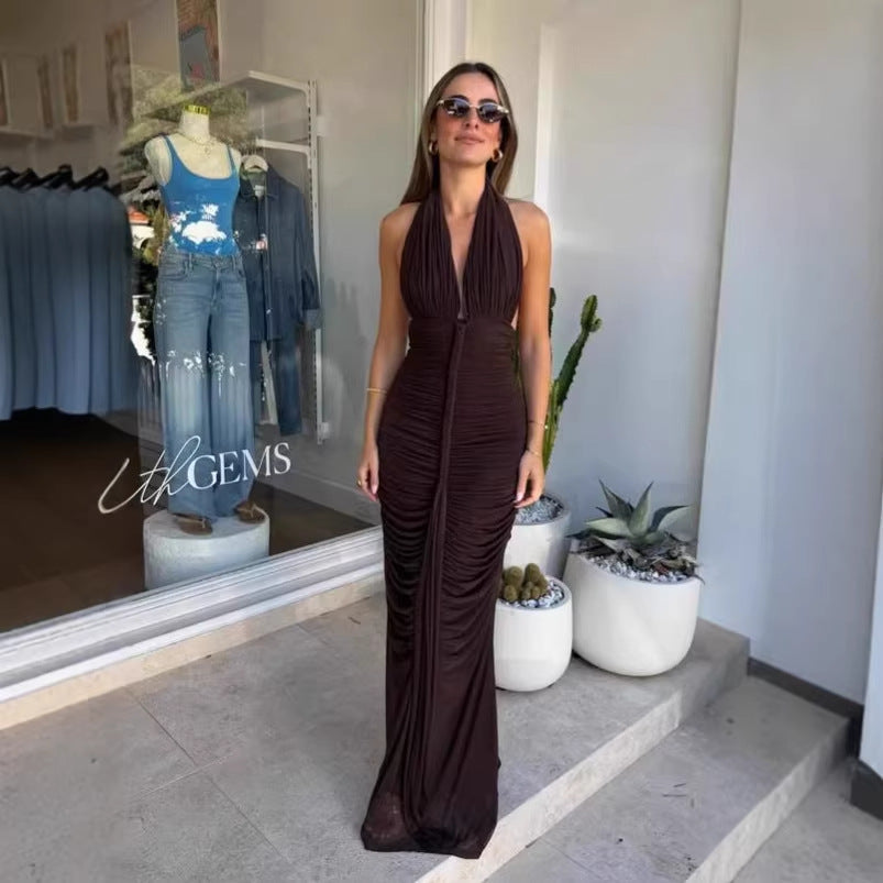 Robe maxi froncée exquise pour femmes avec décolleté en V profond et drapés élégants Heidi-Mode
