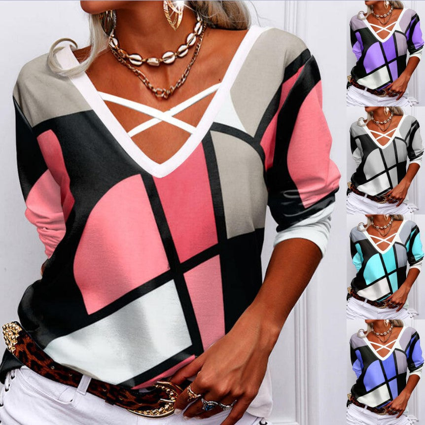 T-shirt à manches longues pour femmes avec décolleté en V et bretelles croisées décoratives, impression colorblock géométrique Echoarchiv