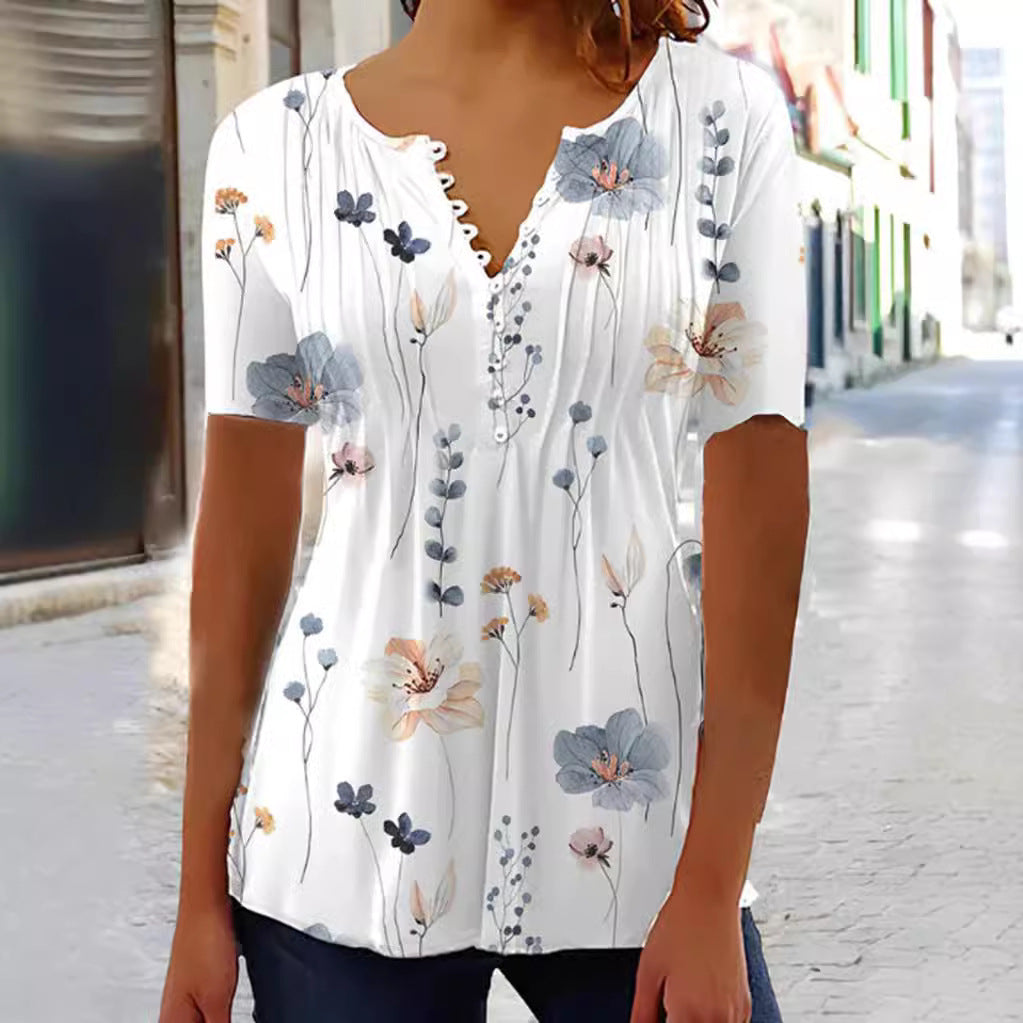 Tunique en viscose légère pour femmes avec plis décoratifs, patte de boutonnage partielle et imprimé fleurs aquarelle R&B
