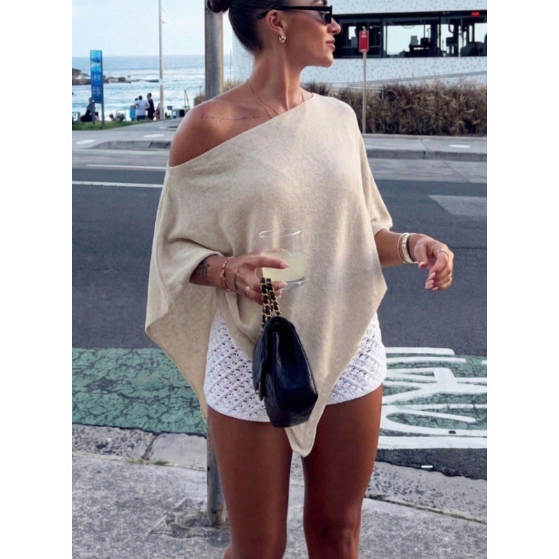 Top poncho asymétrique à épaules nues pour femmes en tricot léger Echoarchiv