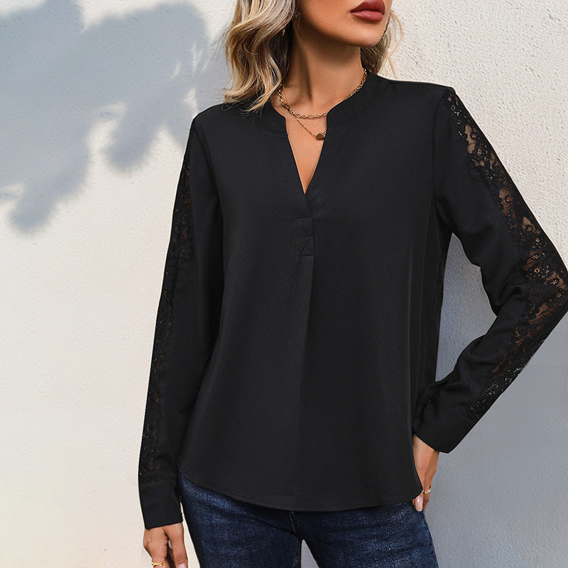 Blouse en Chiffon Élégante pour Femmes avec Col Montant, Décolleté en V et Détails en Dentelle Echoarchiv