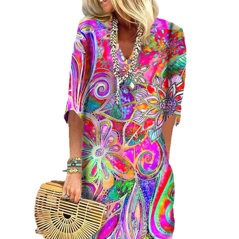Robe Kaftan Boho légère pour femme avec décolleté en V, silhouette décontractée et manches trois-quarts R&B