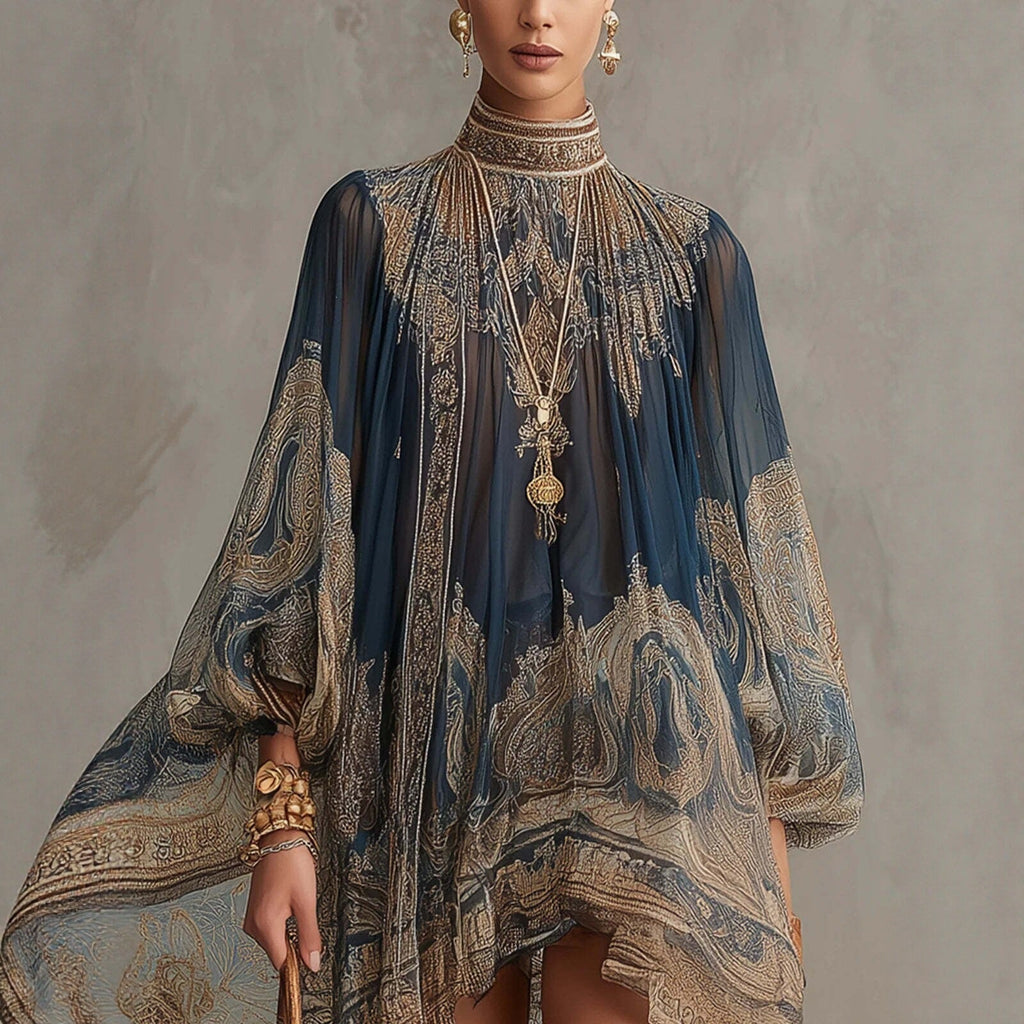 Robe tunique en chiffon éthéré pour femmes avec col montant et manches ballon Echoarchiv