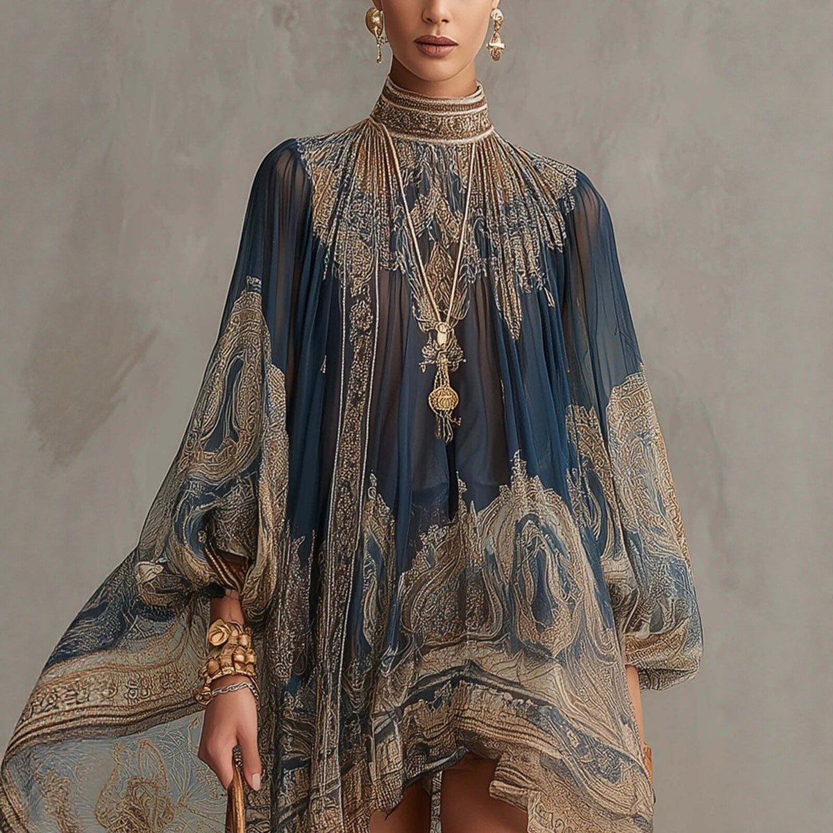 Robe tunique en chiffon éthéré pour femmes avec col montant et manches ballon Echoarchiv