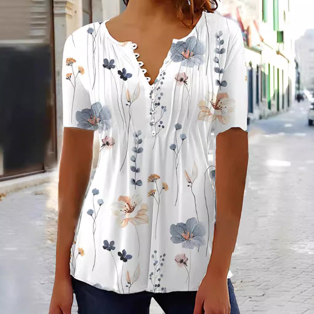 Tunique en viscose légère pour femmes avec plis décoratifs, patte de boutonnage partielle et imprimé fleurs aquarelle R&B