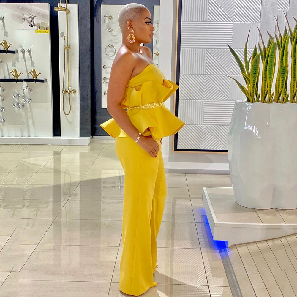 Combinaison Sans Épaules Avec Volants À La Taille Et Coupe Ajustée Pour Femme | Idéal Pour Occasions Formelles