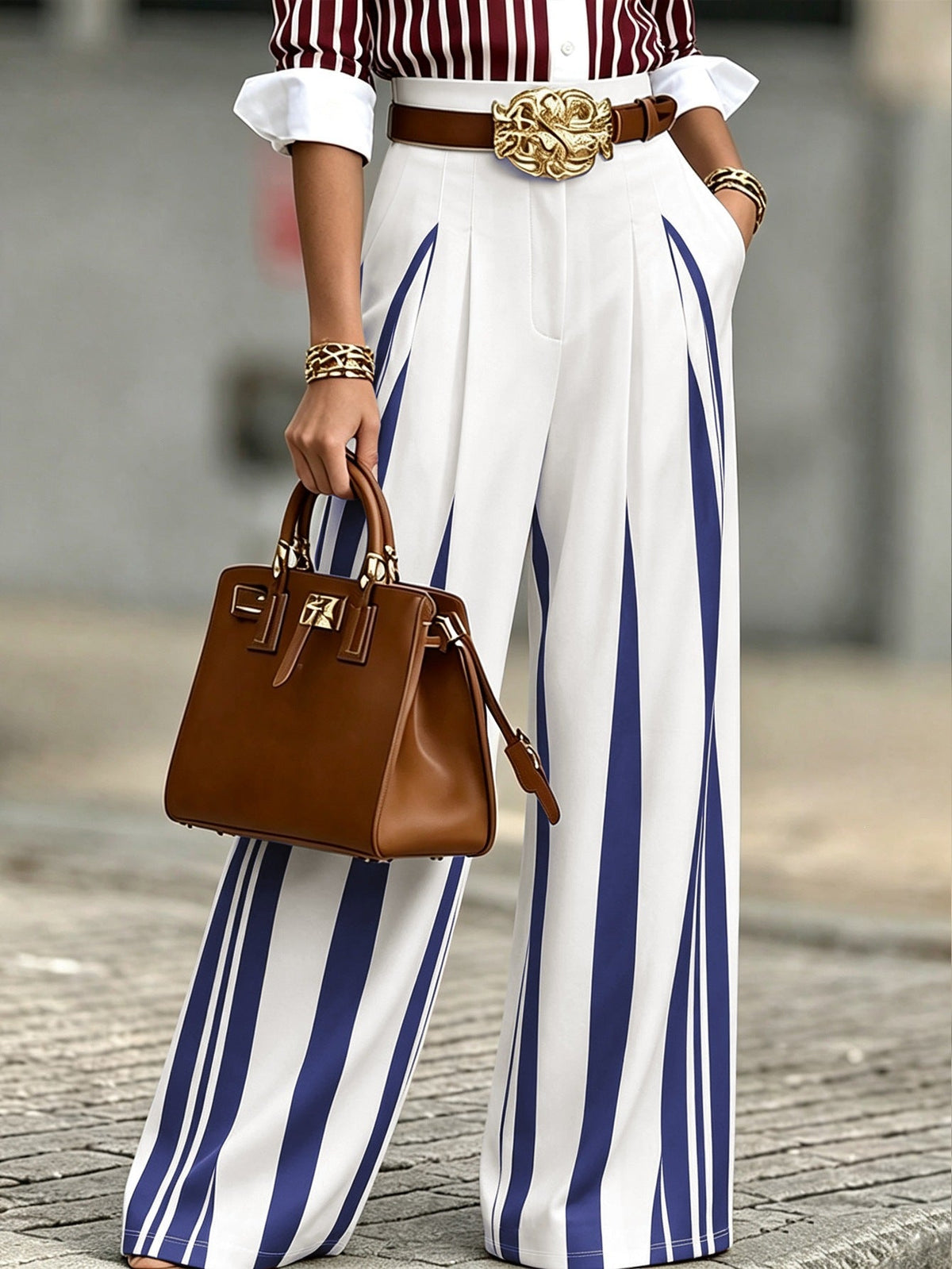 Pantalon palazzo large taille haute pour femmes avec rayures verticales et plis marqués Echoarchiv