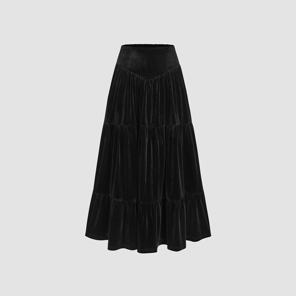 Ensemble en velours à deux pièces pour femmes avec bustier-crop froncé et jupe midi à volants Echo Archiv