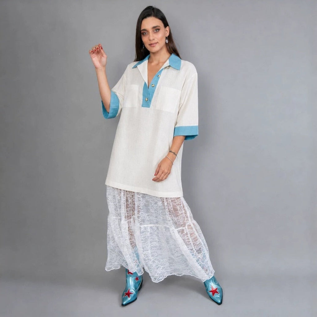 Tunique polo oversize pour femmes avec col contrasté et poches poitrine plaquées