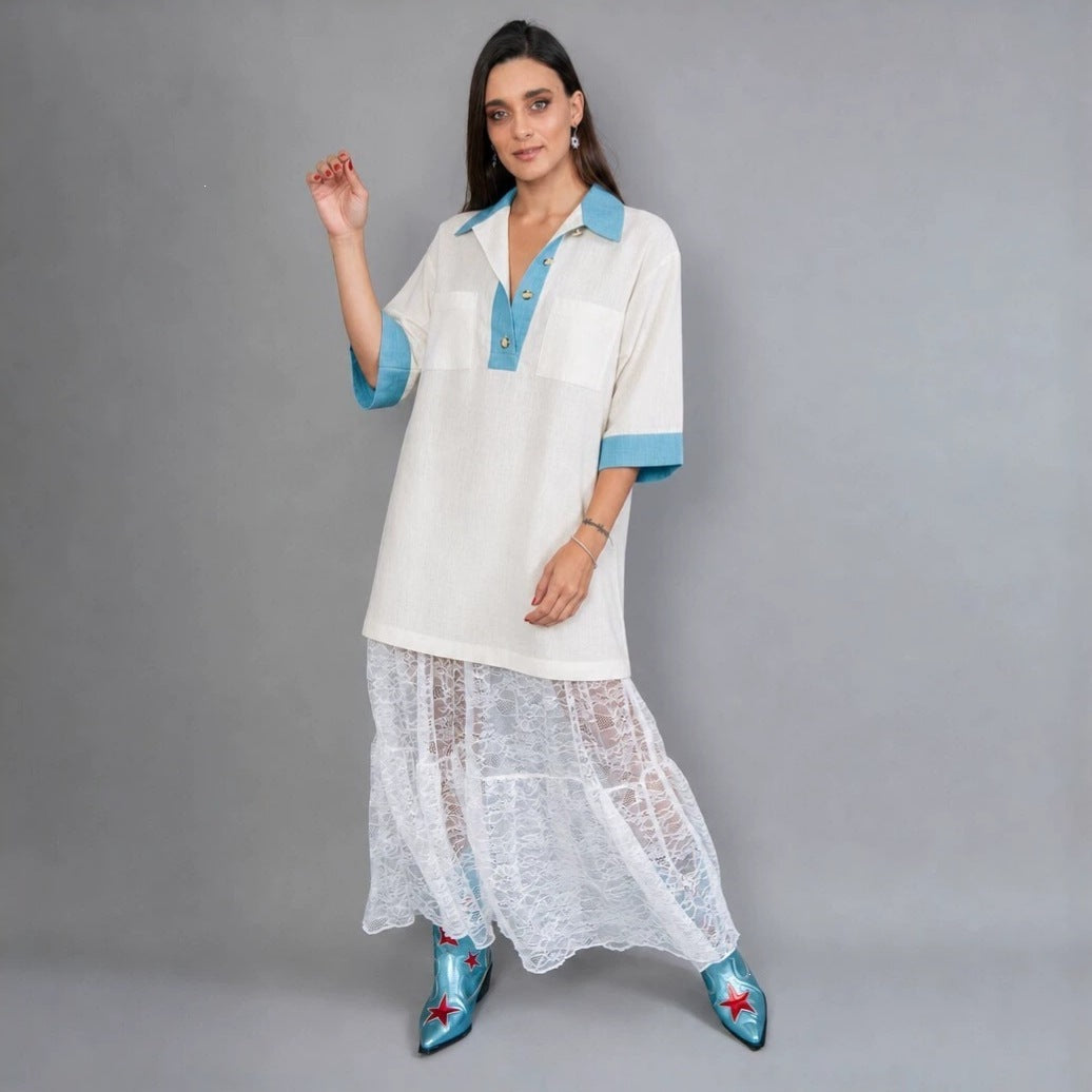 Tunique polo oversize pour femmes avec col contrasté et poches poitrine plaquées