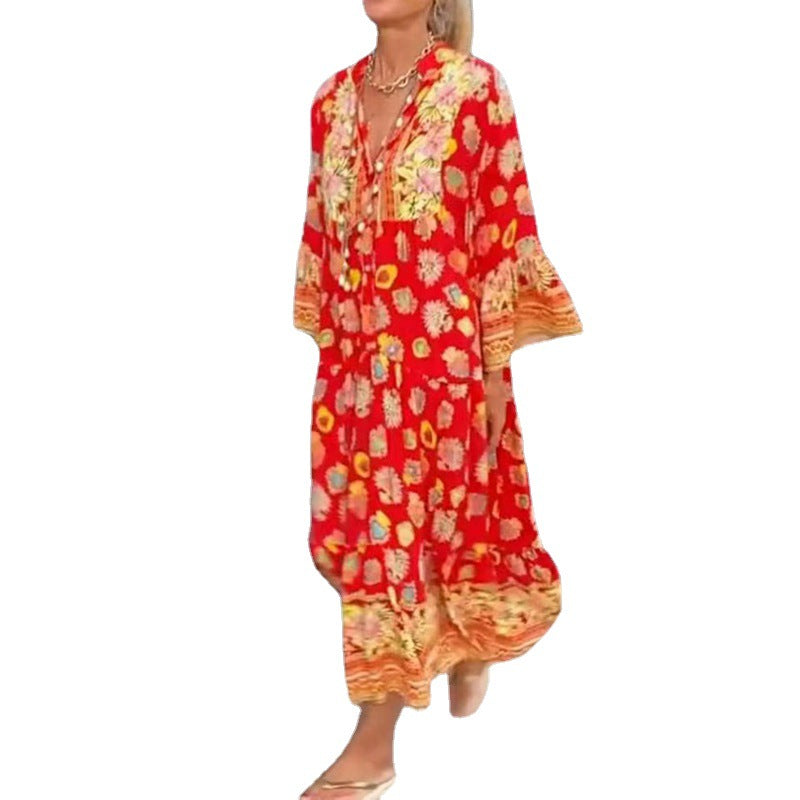 Robe midi kaftan légère pour femmes avec imprimé de bordure inspiré du folklore, décolleté en V, bandes à pompons et manches cloche à volants R&B