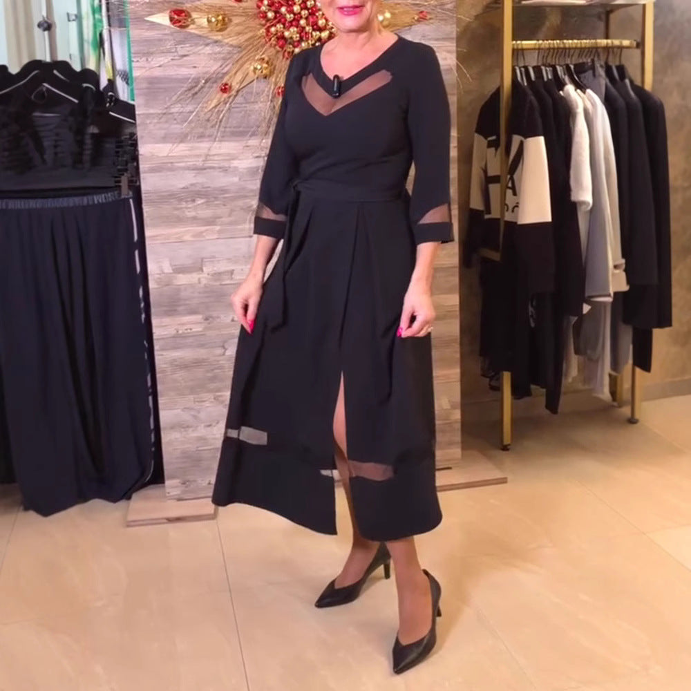Robe midi cintrée pour femmes avec inserts en mesh transparent, ceinture à nouer et coupe A féminine R&B
