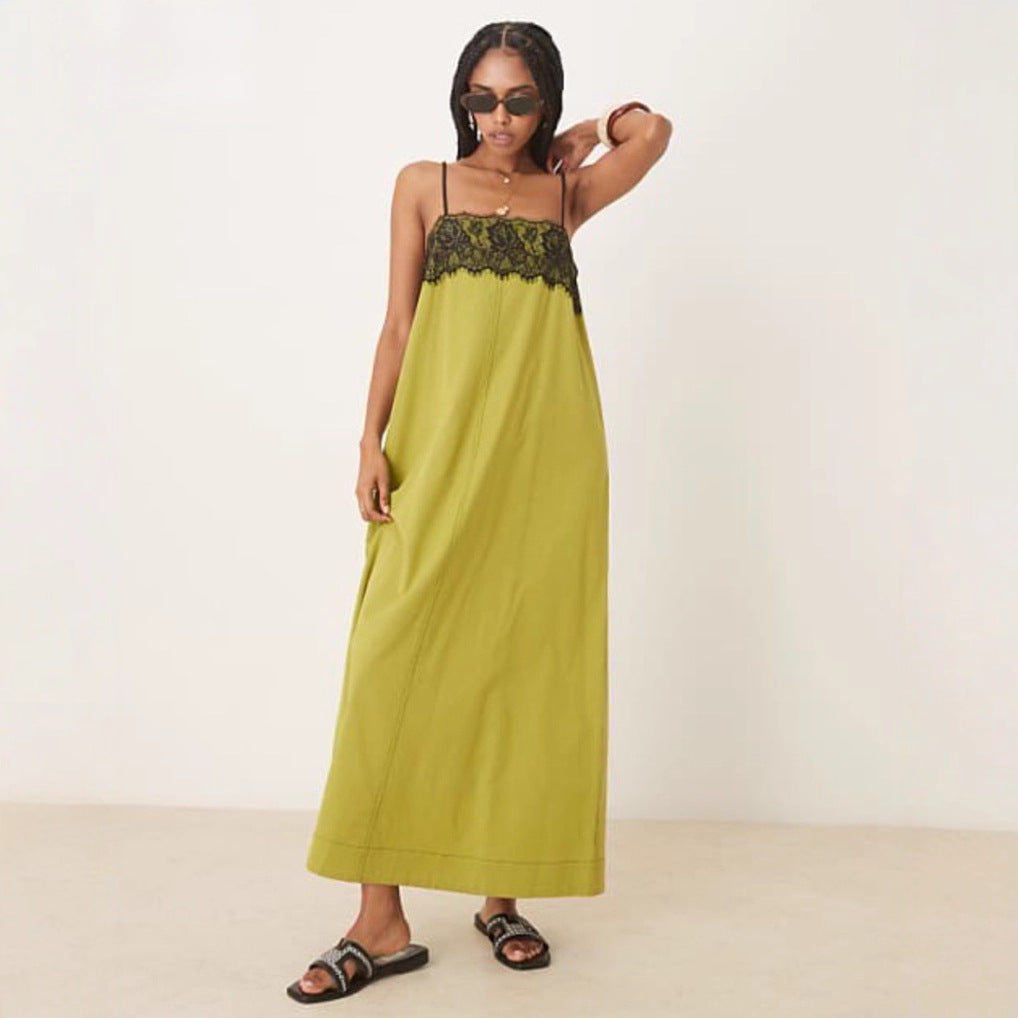 Robe maxi inspirée de la lingerie de nuit pour femmes avec bustier en dentelle et fines bretelles spaghetti R&B