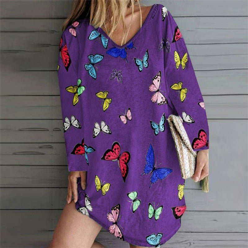 Robe tunique oversize pour femmes avec décolleté en V et imprimé papillon Echo Archive