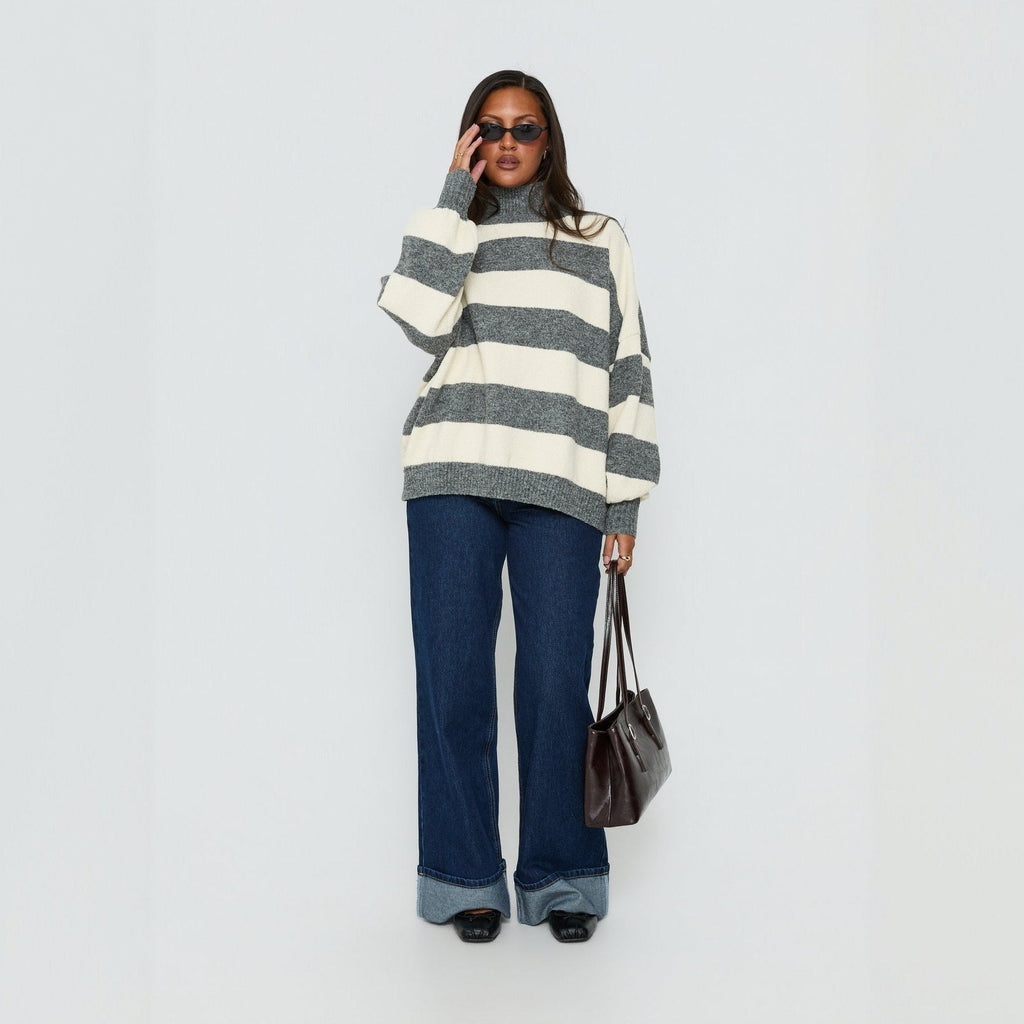Pull oversized à rayures pour femmes avec col roulé Echoarchiv