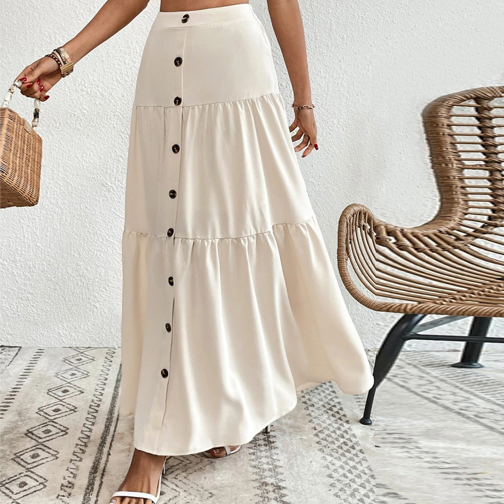 Jupe maxi à volants aérienne pour femme avec boutonnage intégral, taille haute et fente latérale