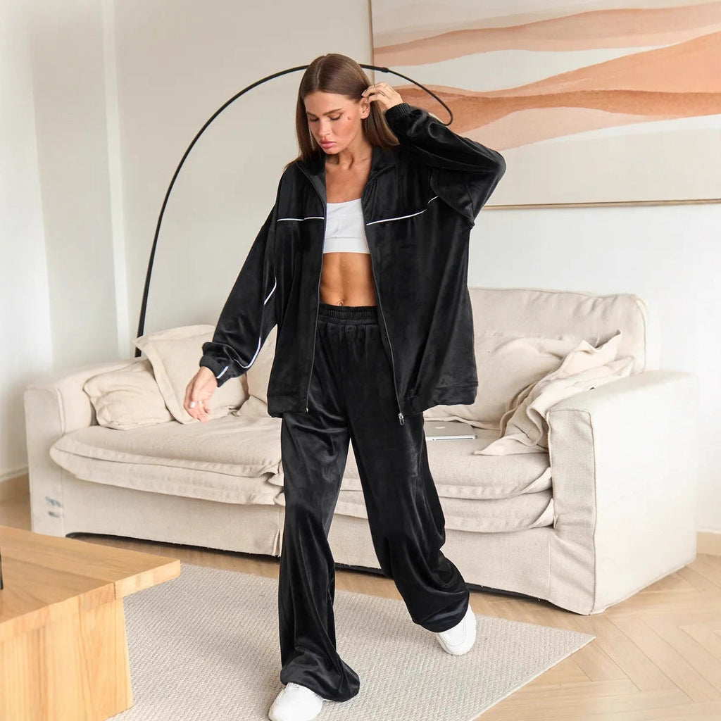 Ensemble Lounge Palazzo pour Femmes en velours doux avec col montant, coupe oversize et pantalon à taille élastique Echo Archiv