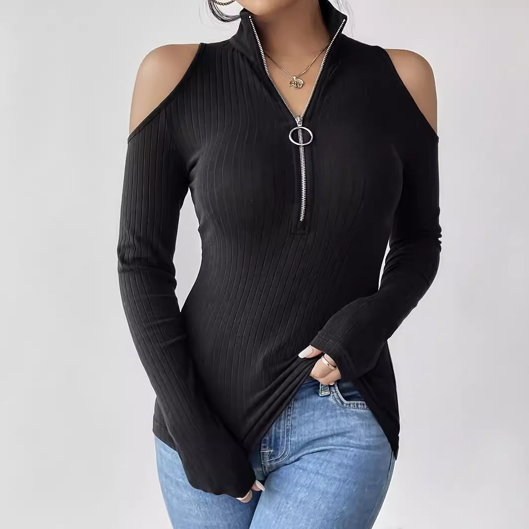 Top en tricot côtelé ajusté pour femmes avec décolleté épaule, col montant et fermeture éclair à anneau R&B