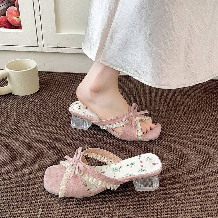 Sandales mode pour femmes avec talon bloc transparent et accent de nœud décoratif R&B