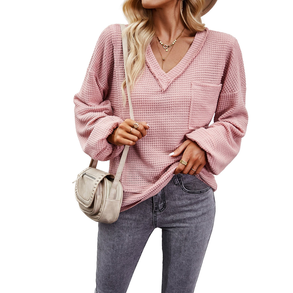 Pull V‑neck en maille gaufrée pour femmes avec poche poitrine appliquée et manches raglan Echo Archiv