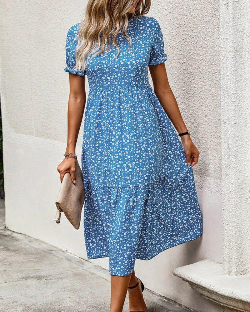 Robe midi légère pour femmes avec un motif floral continu, taille froncée et manches bouffantes courtes R&B