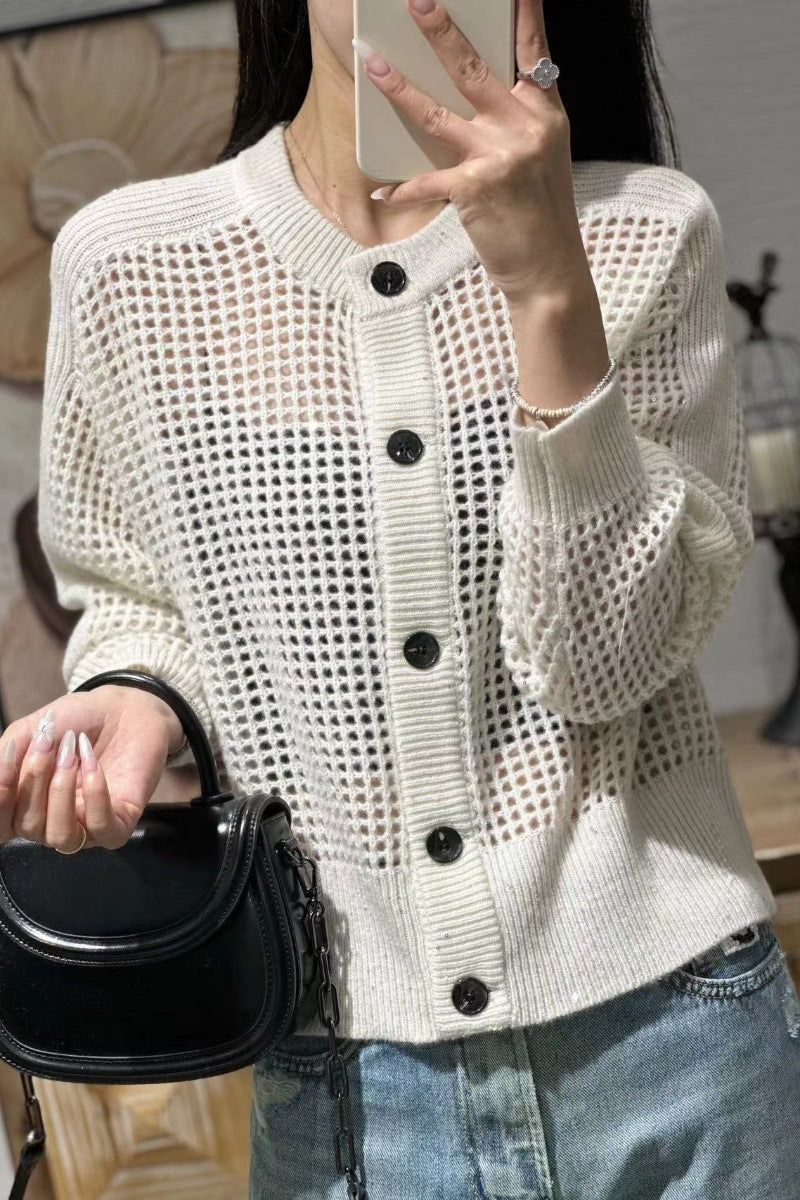Cardigan en maille pour femmes avec col rond, patte de boutonnage et manches longues