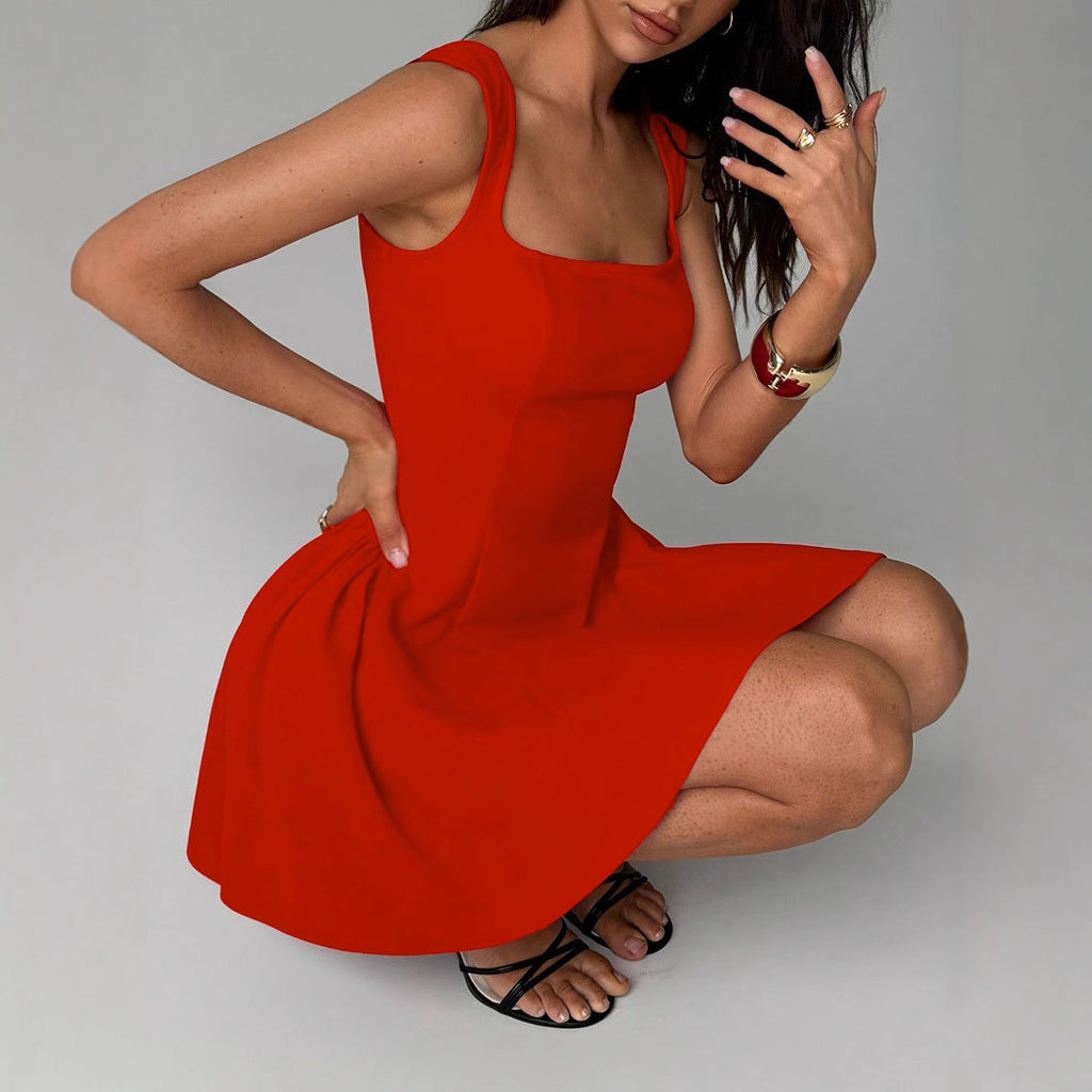Robe Mini Fluide Femme avec Décolleté Carré et Jupe Évasée R&B