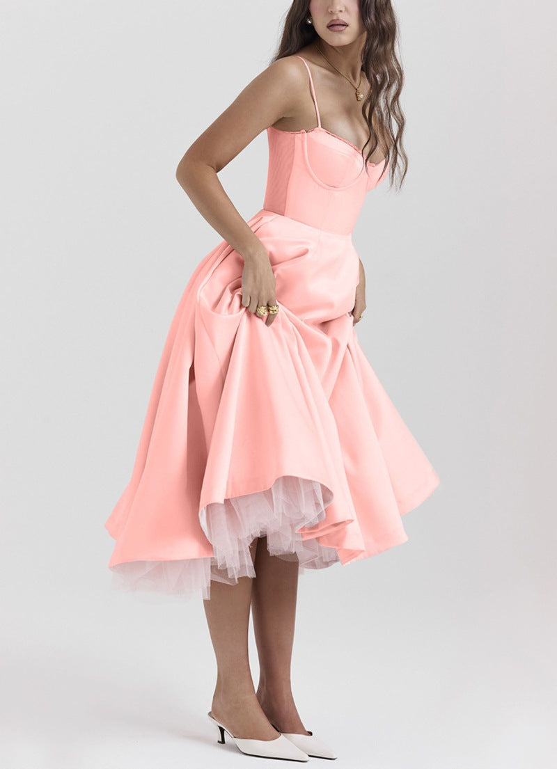 Robe midi rétro inspirée pour femmes avec corsage, coutures sous la poitrine, jupe évasée et poches latérales R&B