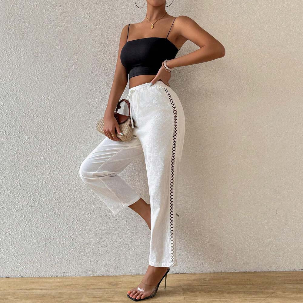 Pantalon décontracté en lin pour femmes avec taille élastique, cordon de serrage et insertion en dentelle latérale