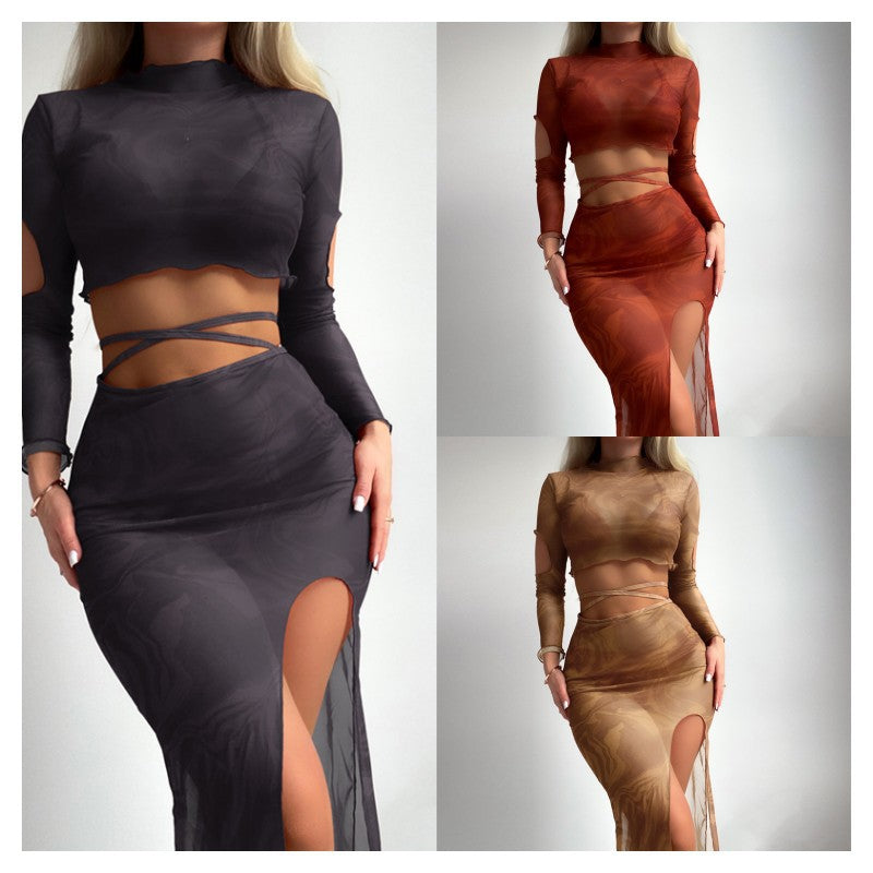 Ensemble élégant et transparent pour femmes avec jupe taille haute R&B