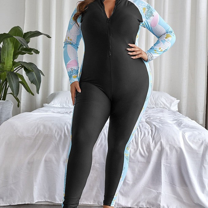 Maillot de bain une pièce pour femmes avec protection UV, manches longues et fermeture éclair R&B