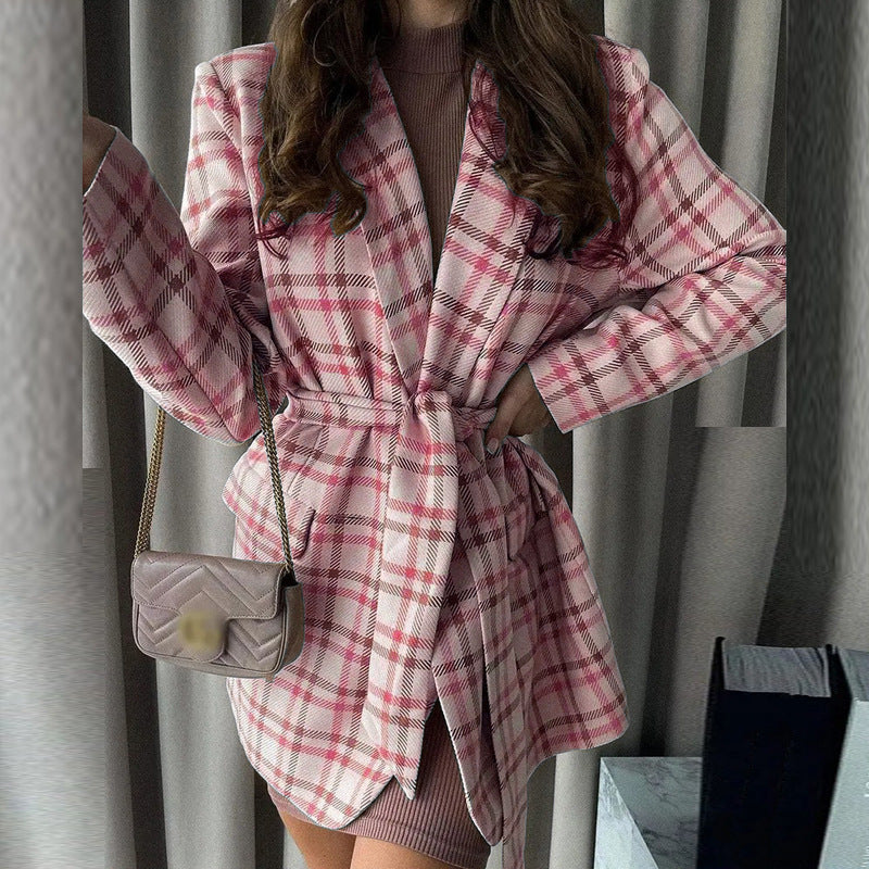Manteau-blazer oversize à carreaux pour femmes avec ceinture à la taille et poches plaquées