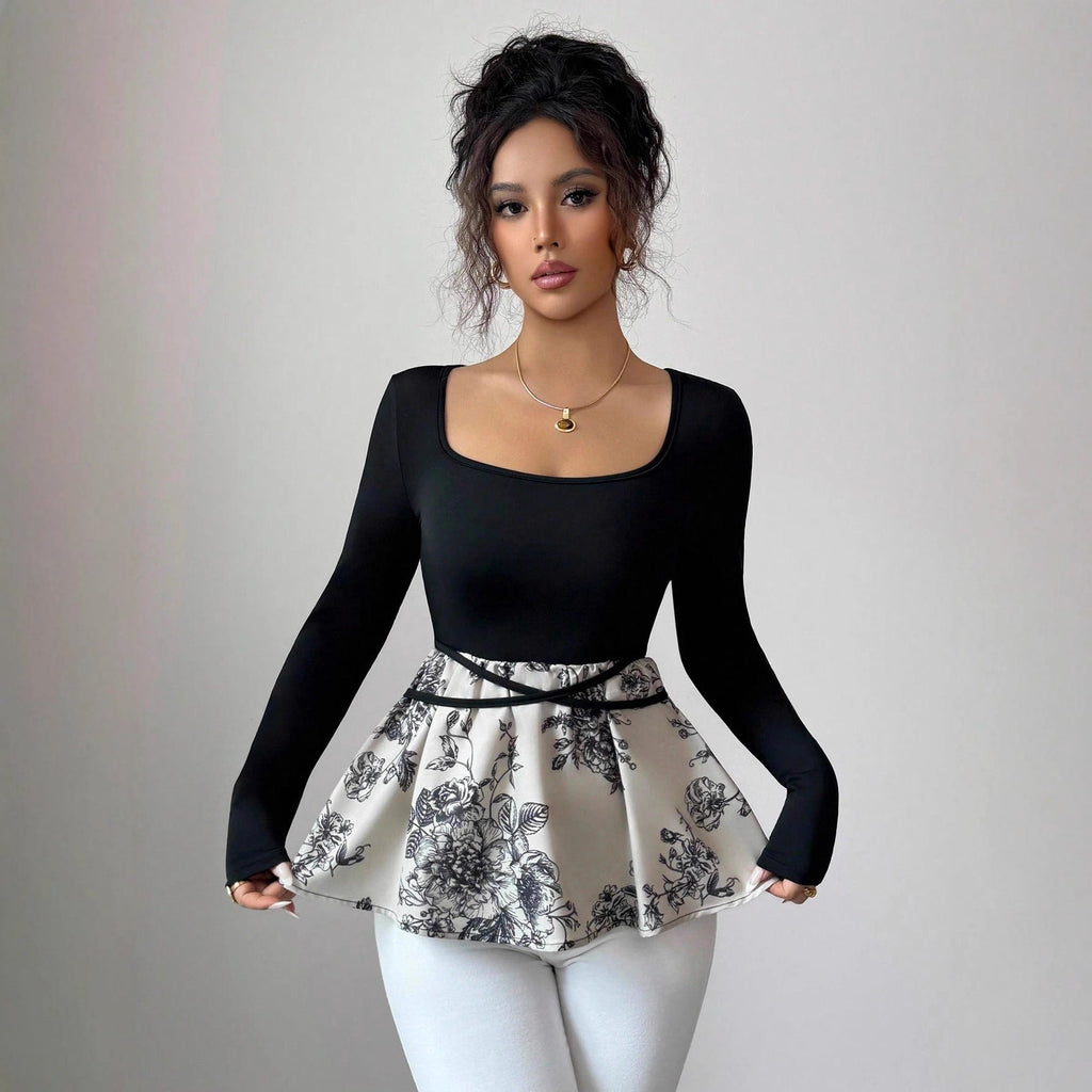 Top long à manches formant pour femmes avec décolleté carré, stretch sans couture et taille prolongée R&B
