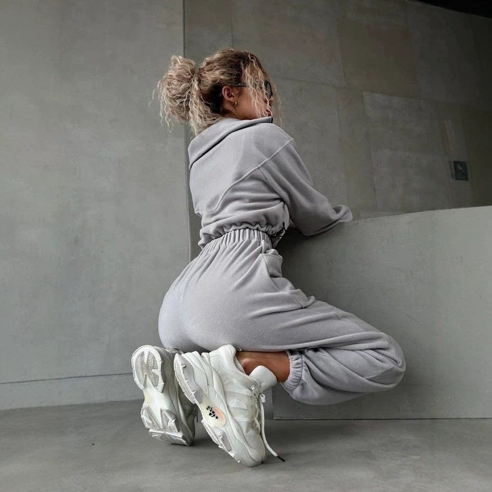 Sweat-shirt cropped en polaire pour femmes avec demi-zip et cordon de serrage Echoarchiv