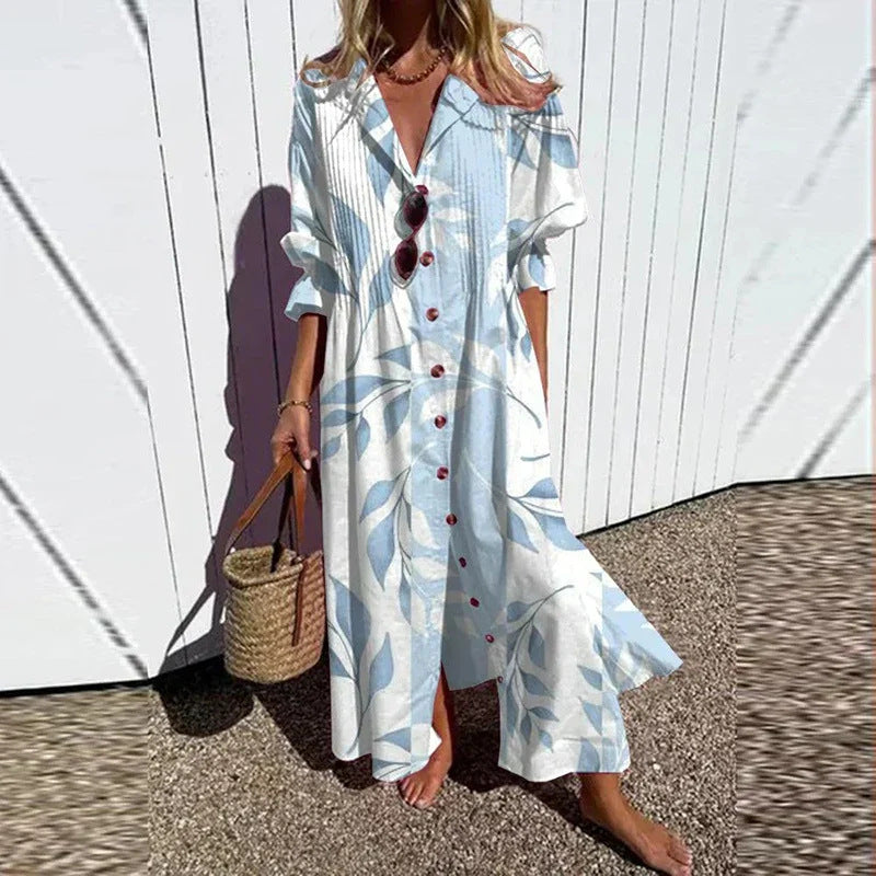 Robe Maxi Fluide pour Femmes avec Boutonnage Intégral, Décolleté en V et Imprimé Ethnique Echoarchiv