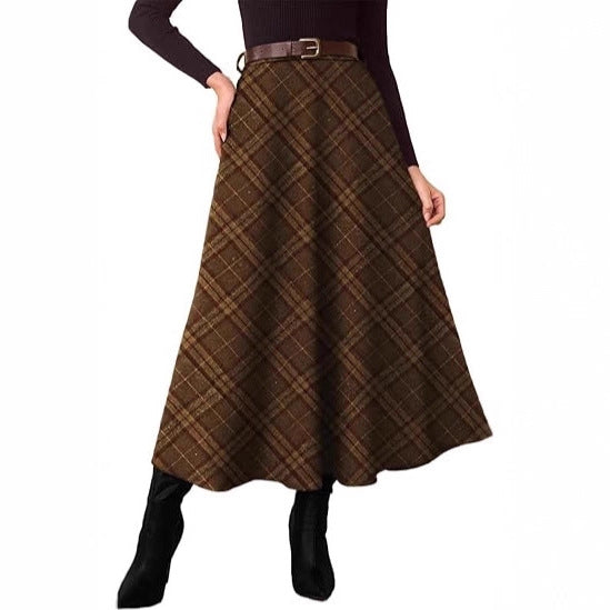 Jupe midi à carreaux en A pour femmes avec taille haute et poches latérales