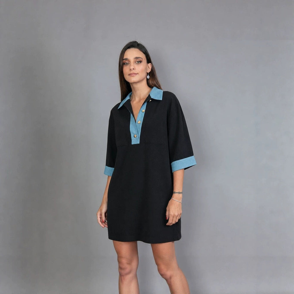 Tunique polo oversize pour femmes avec col contrasté et poches poitrine plaquées